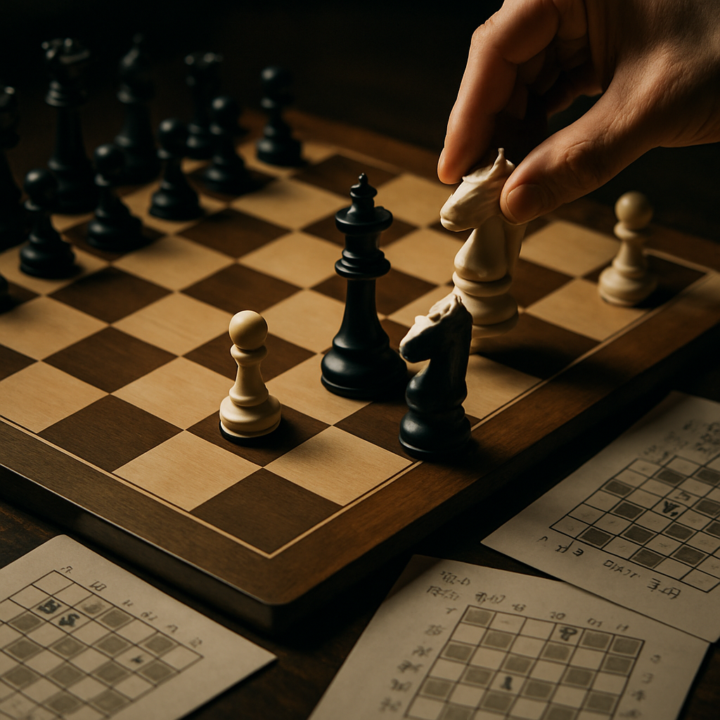 A chessboard mid-game with annotated sheets and strategic diagrams scattered around, under a focused