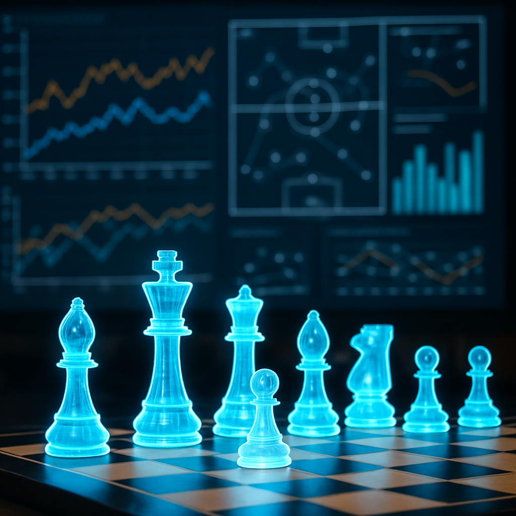 Chess board with holographic pieces and digital analytics overlay, illustrating AIs role in sports