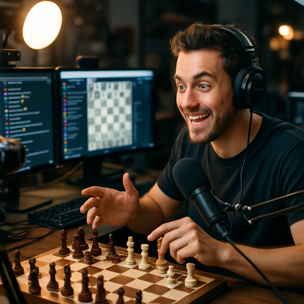 A vibrant image of a chess streamer in a high-tech setup, highlighting the blend