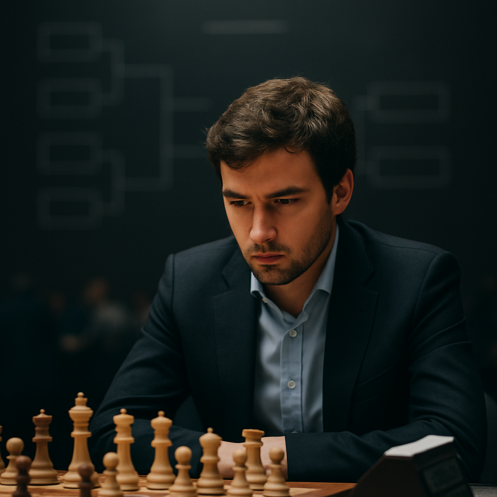 A chess player considers a position beside a digital chess clock at a tournament,