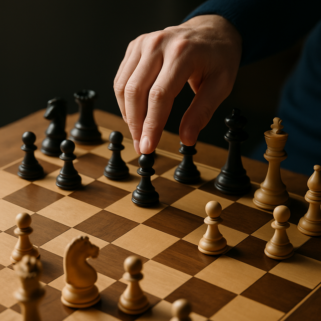 A player considers a move on a wooden chessboard set up for a Sicilian