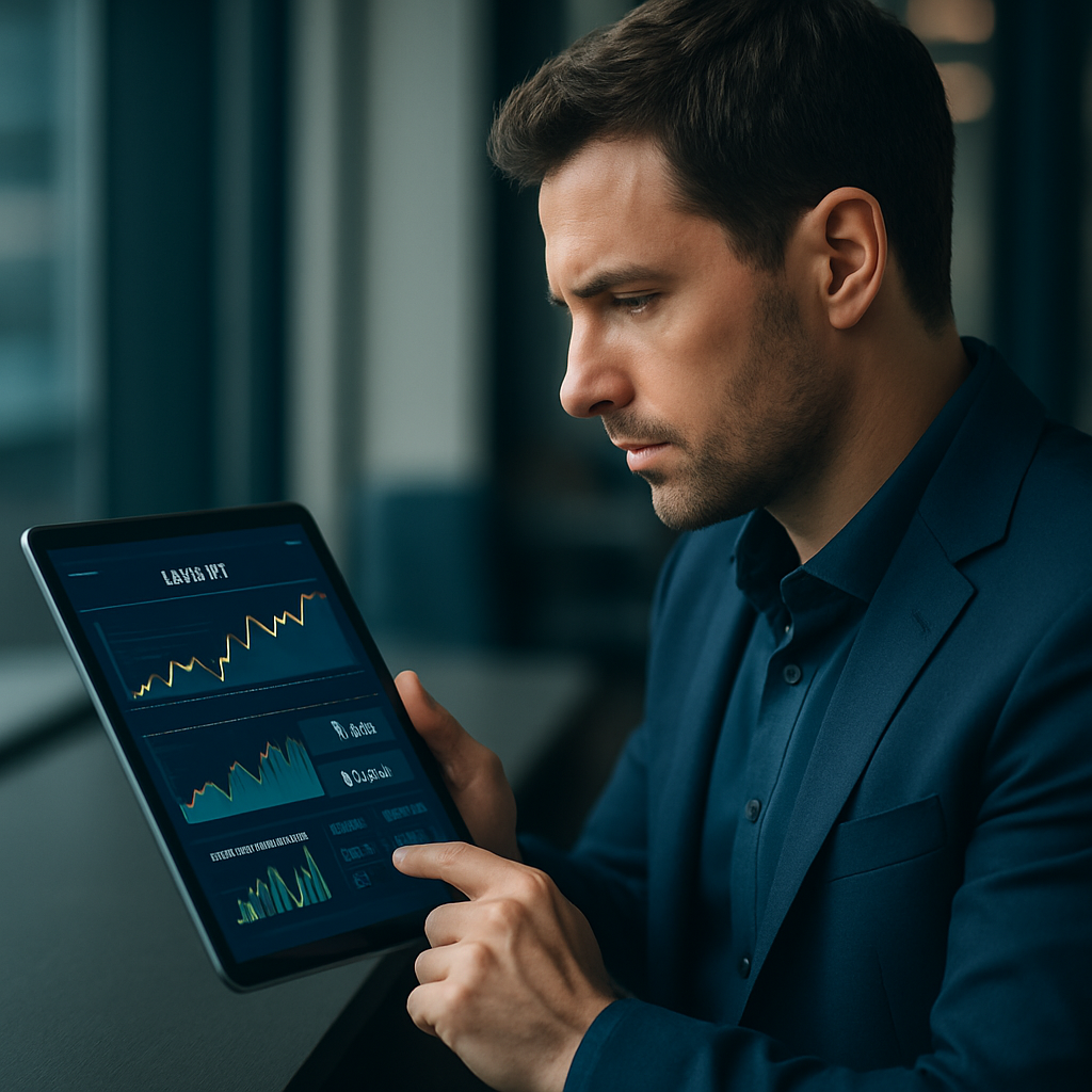 An expert sports analyst deeply focused on their tablet, surrounded by minimalistic office decor,