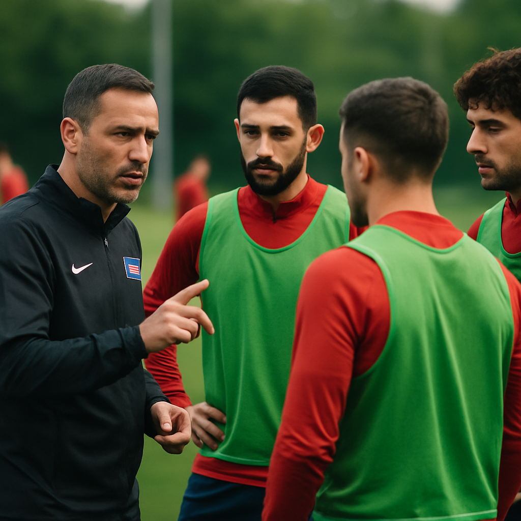 A coach discusses tactics with Azerbaijan national-team players during an outdoor training camp.
