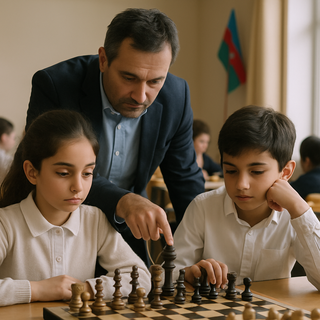A school chess coach guides two Azerbaijani children as they study a chessboard in