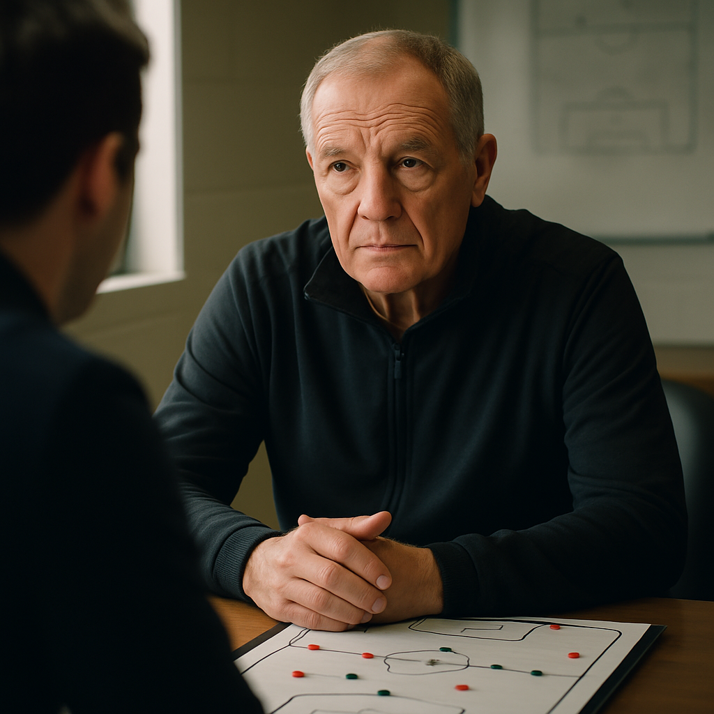 A veteran sports coach reflects on strategy and discipline beside a tactics board during