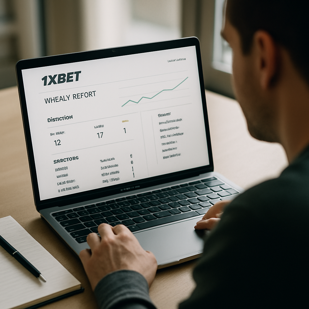 An adult reviews a weekly betting-history dashboard on a laptop, comparing outcomes, selections, and