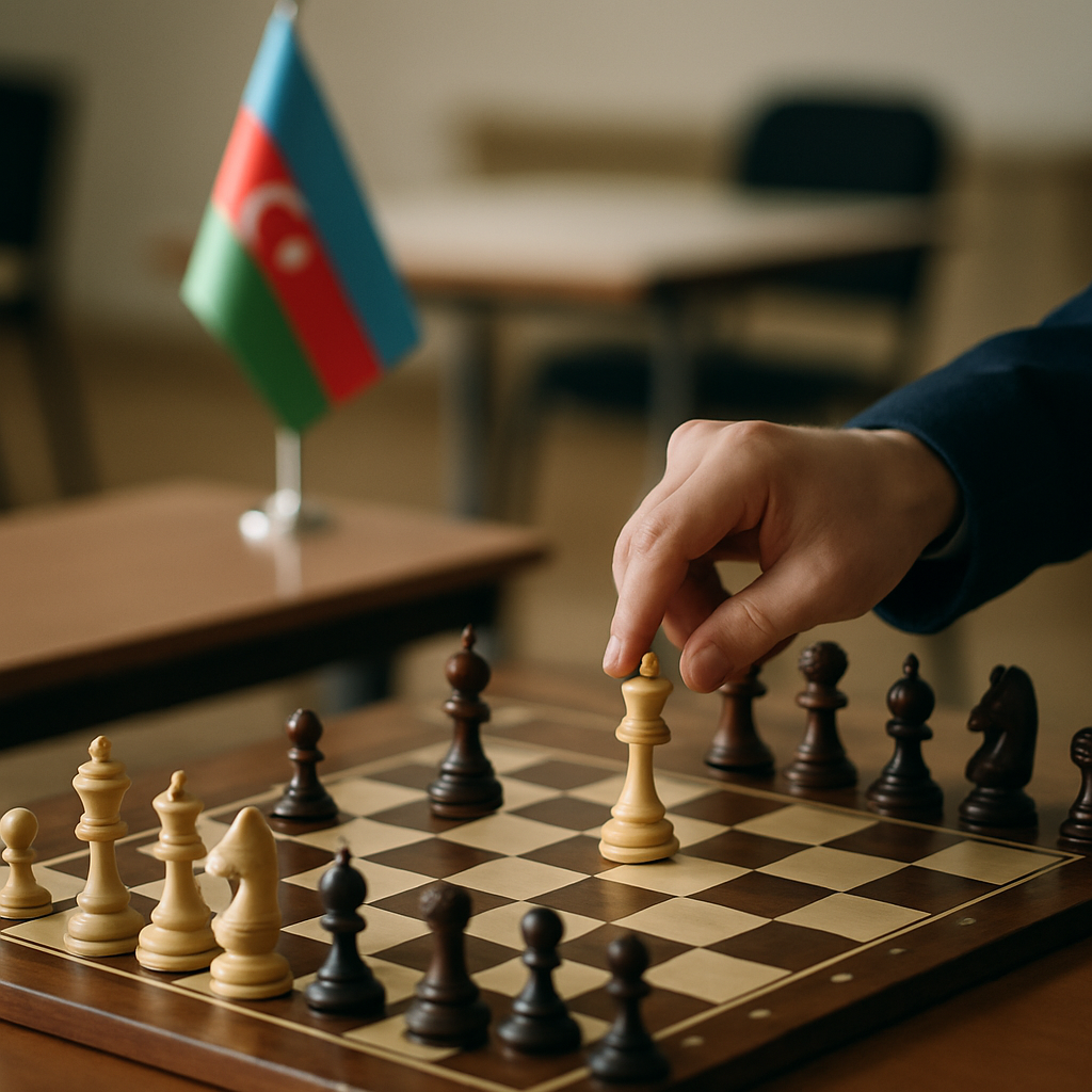 A chess player considers a critical move on a tournament board, with a subtle