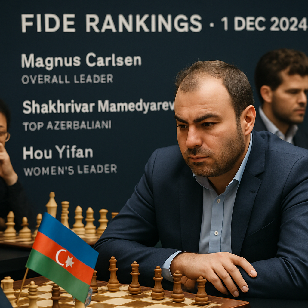 Azerbaijani chess grandmaster beside the national flag at a tournament, representing the December 2024