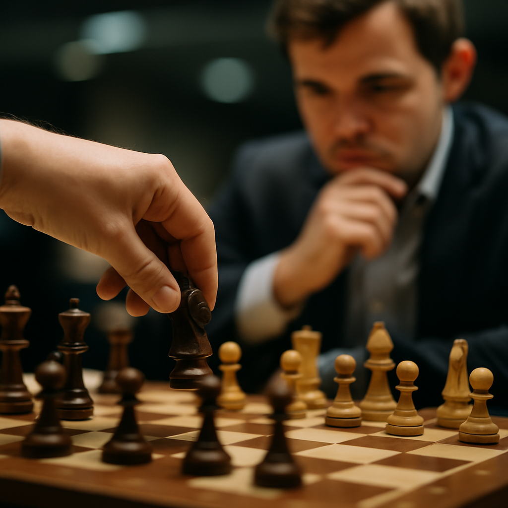 A grandmaster makes a precise chess move as the opponent studies the position.