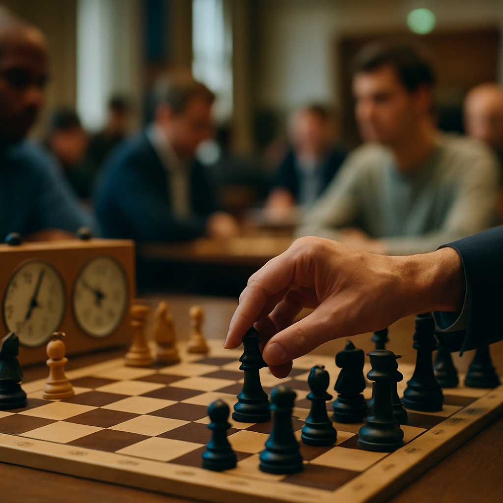 A player makes a move on a tournament chessboard, with a chess clock and